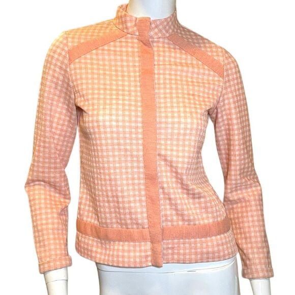 Vintage 1960s Plaid Nehru Jacket Small Peach White Retro - Picture 2 of 11